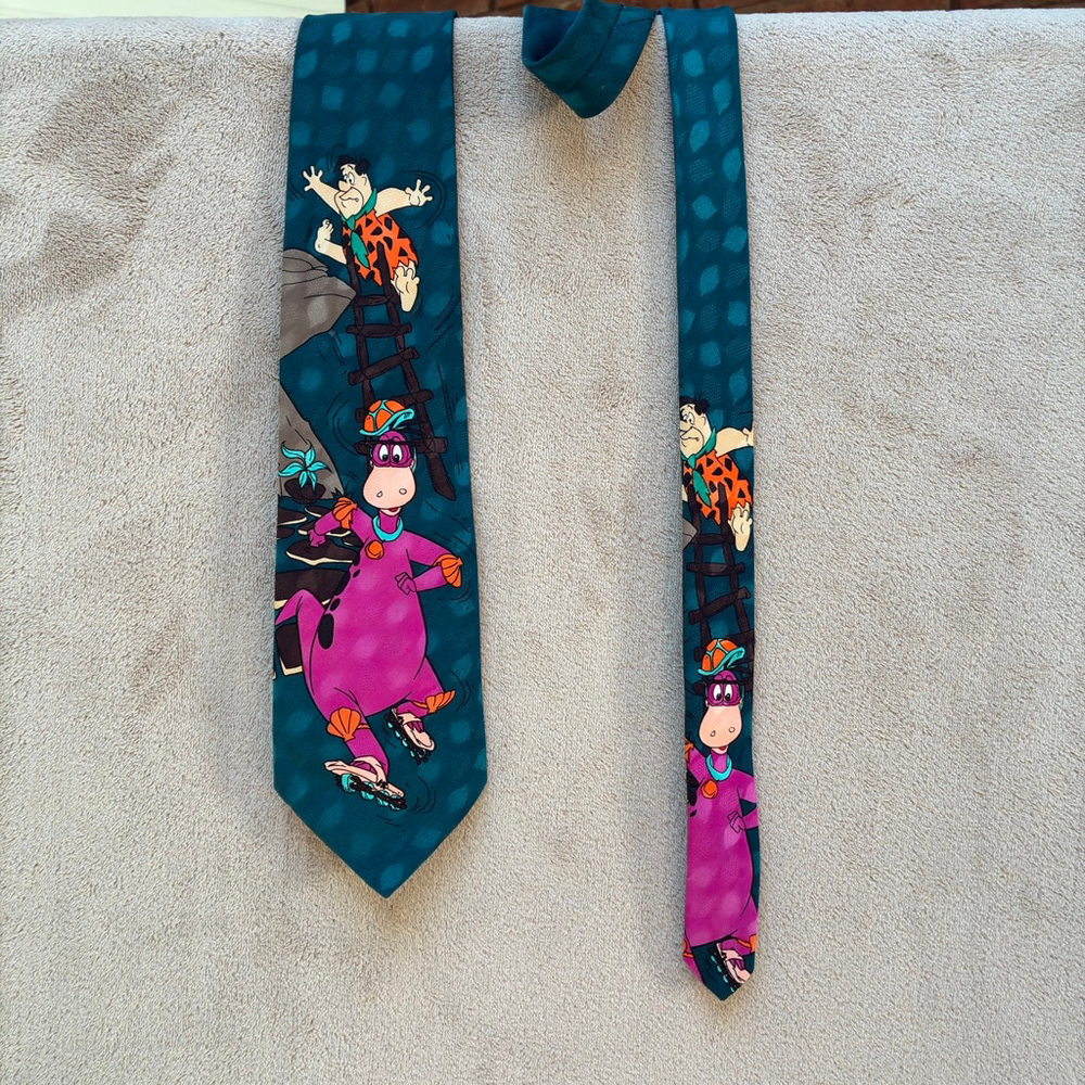 Vintage 1994 Men's Novel Ties Flintstones Teal Purple Dino Necktie One Size